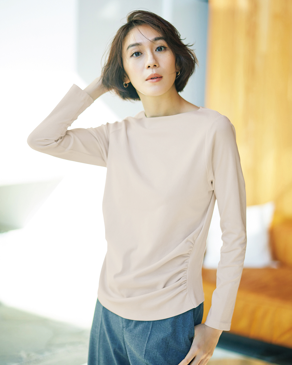 サイドギャザーデザイン／長袖・ドゥクラッセTシャツ 詳細画像 ライトグレー 1