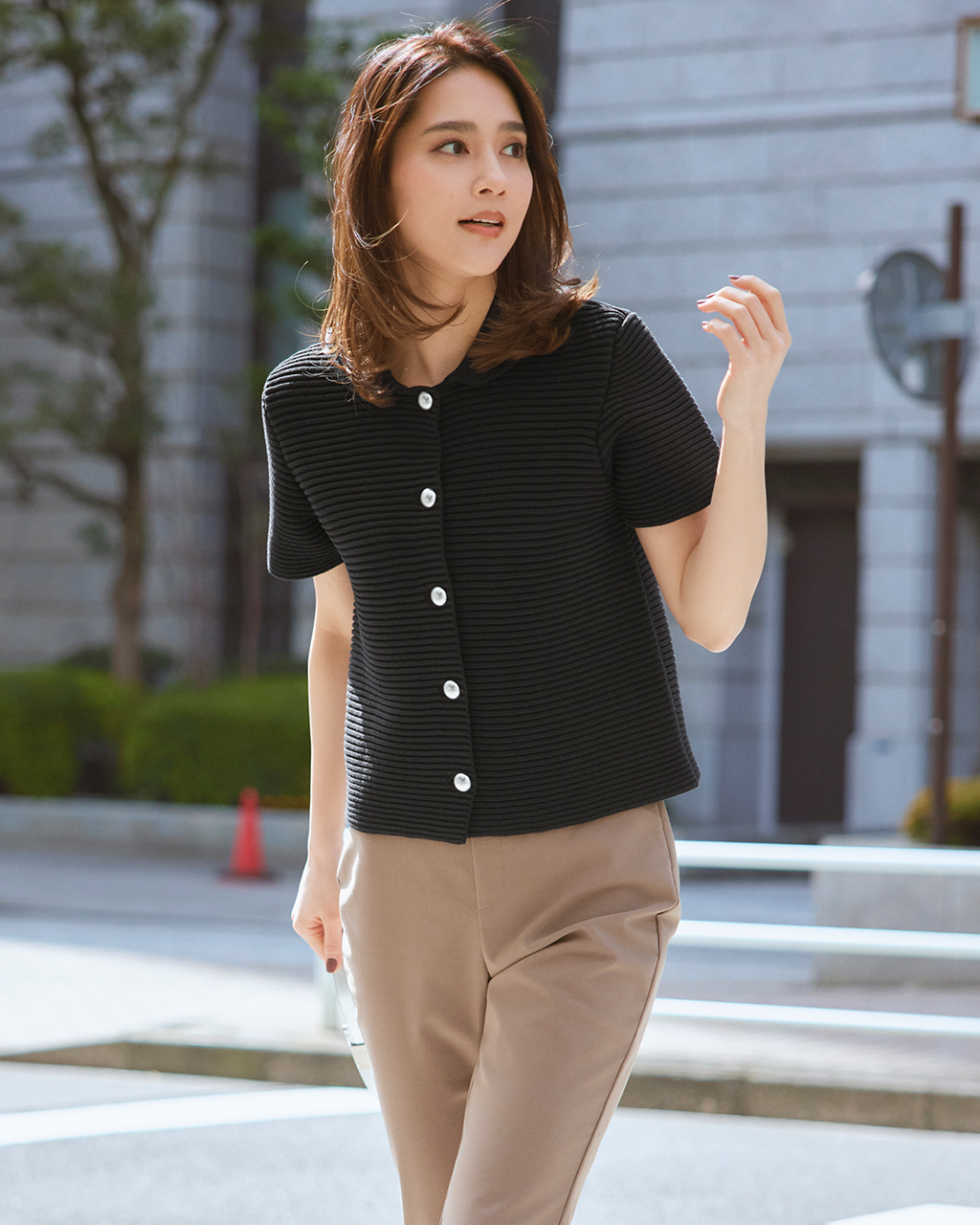 畦編み・衿付きカーデジャケット 詳細画像 ブラック 1