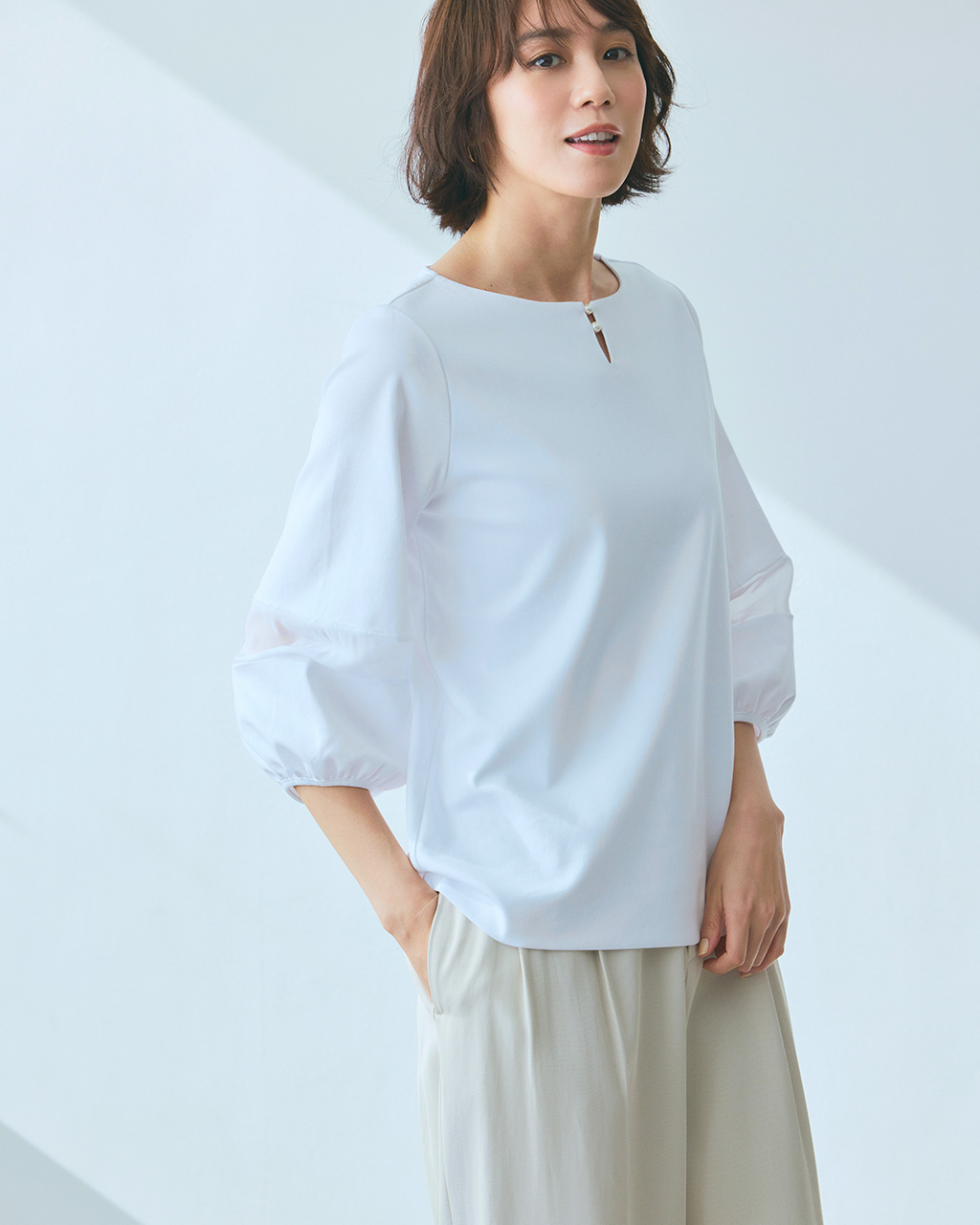 パールキーネック／7分袖・ドゥクラッセTシャツ 詳細画像 ホワイト 1