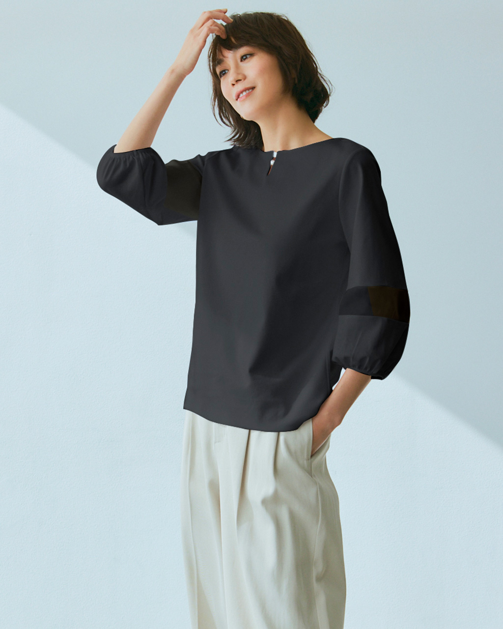パールキーネック／7分袖・ドゥクラッセTシャツ 詳細画像 ブラック 1