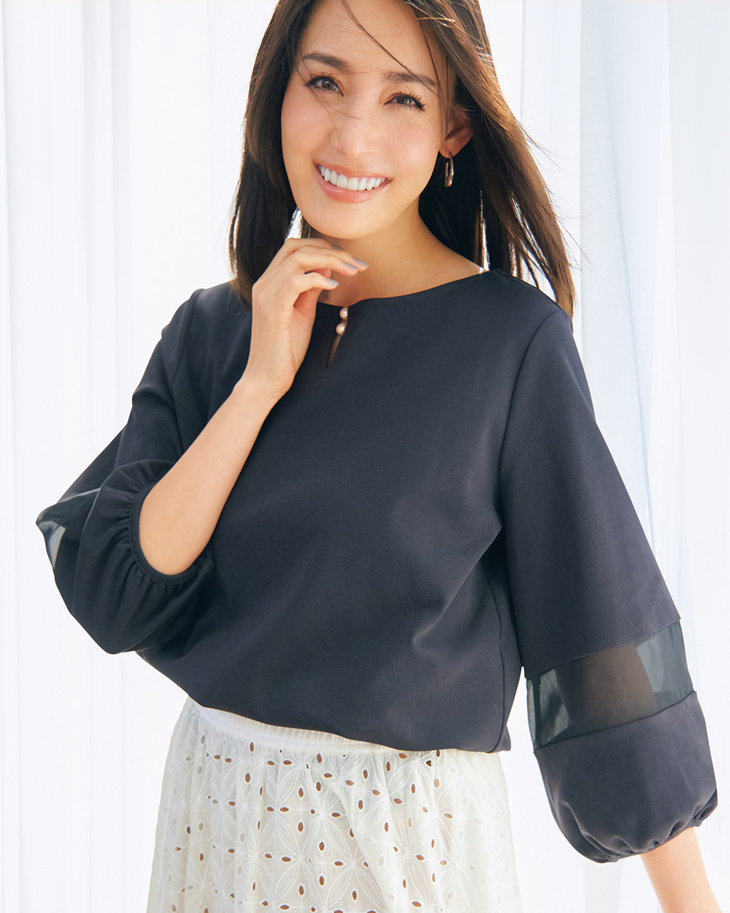 パールキーネック／7分袖・ドゥクラッセTシャツ 詳細画像 ミッドナイトブルー 1