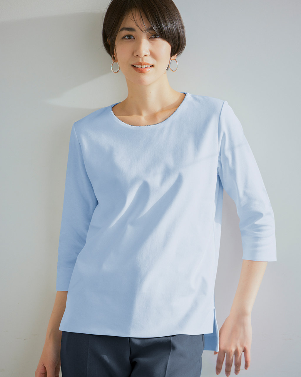 ビーズトリムクルーネック／7分袖・ドゥクラッセTシャツ 詳細画像