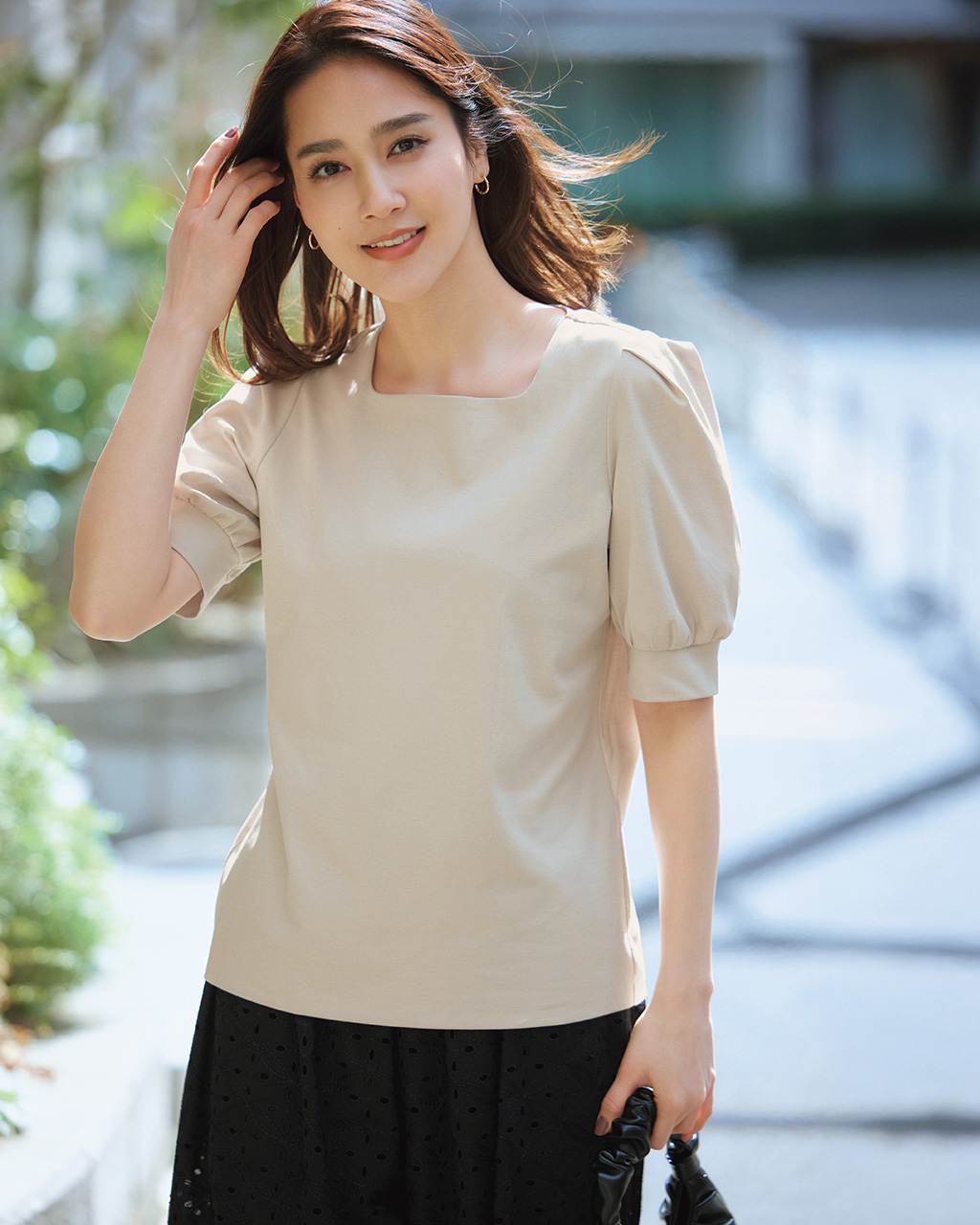スクエアネック・パフ袖／スーピマ・ドゥクラッセTシャツ 詳細画像
