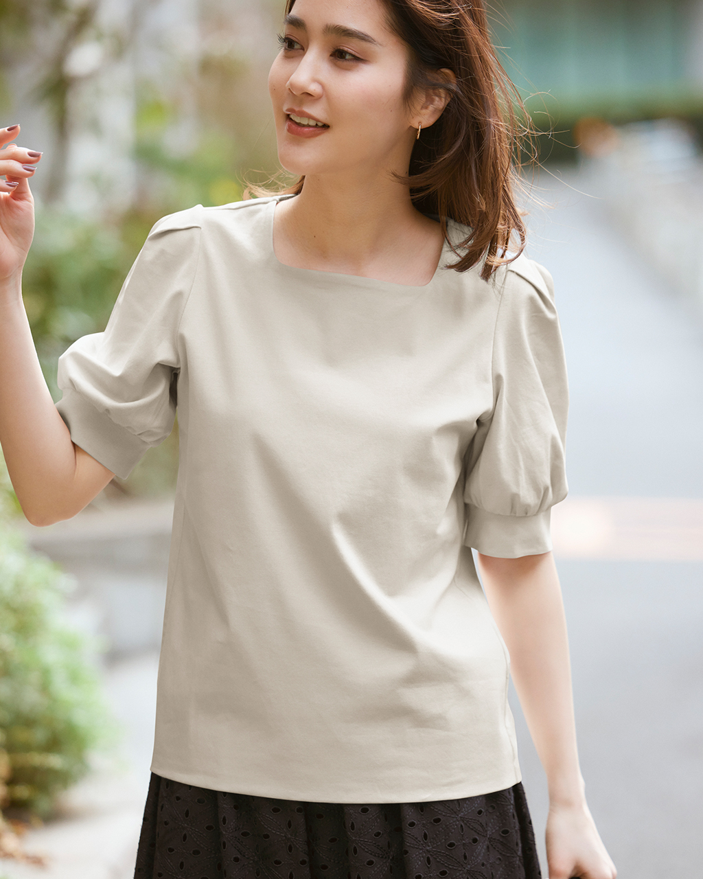 スクエアネック・パフ袖／スーピマ・ドゥクラッセTシャツ 詳細画像 ライトグレー 2